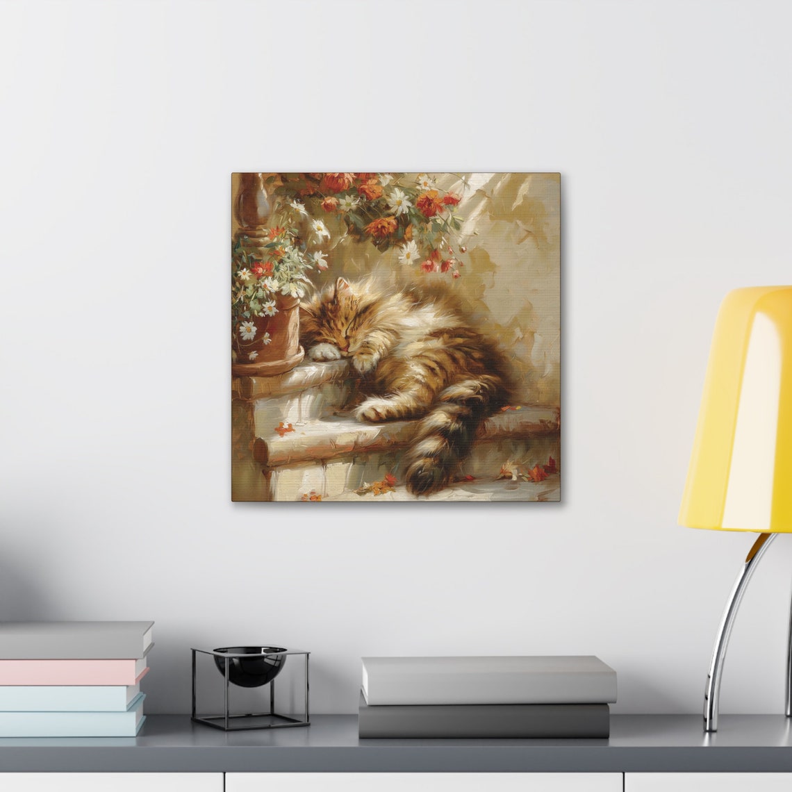Fluffy Tabby Kitten Sleeping on Stone Steps with Flowers Poster - Image 5