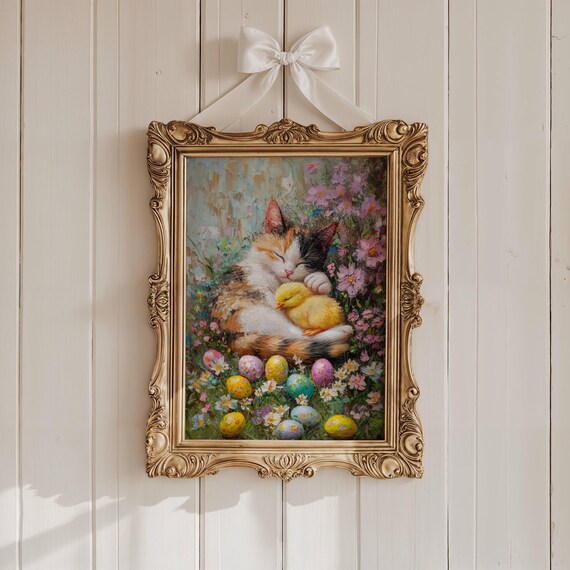 Sleepy Calico Cat Cuddling a Yellow Chick Among Painted Easter Eggs Poster