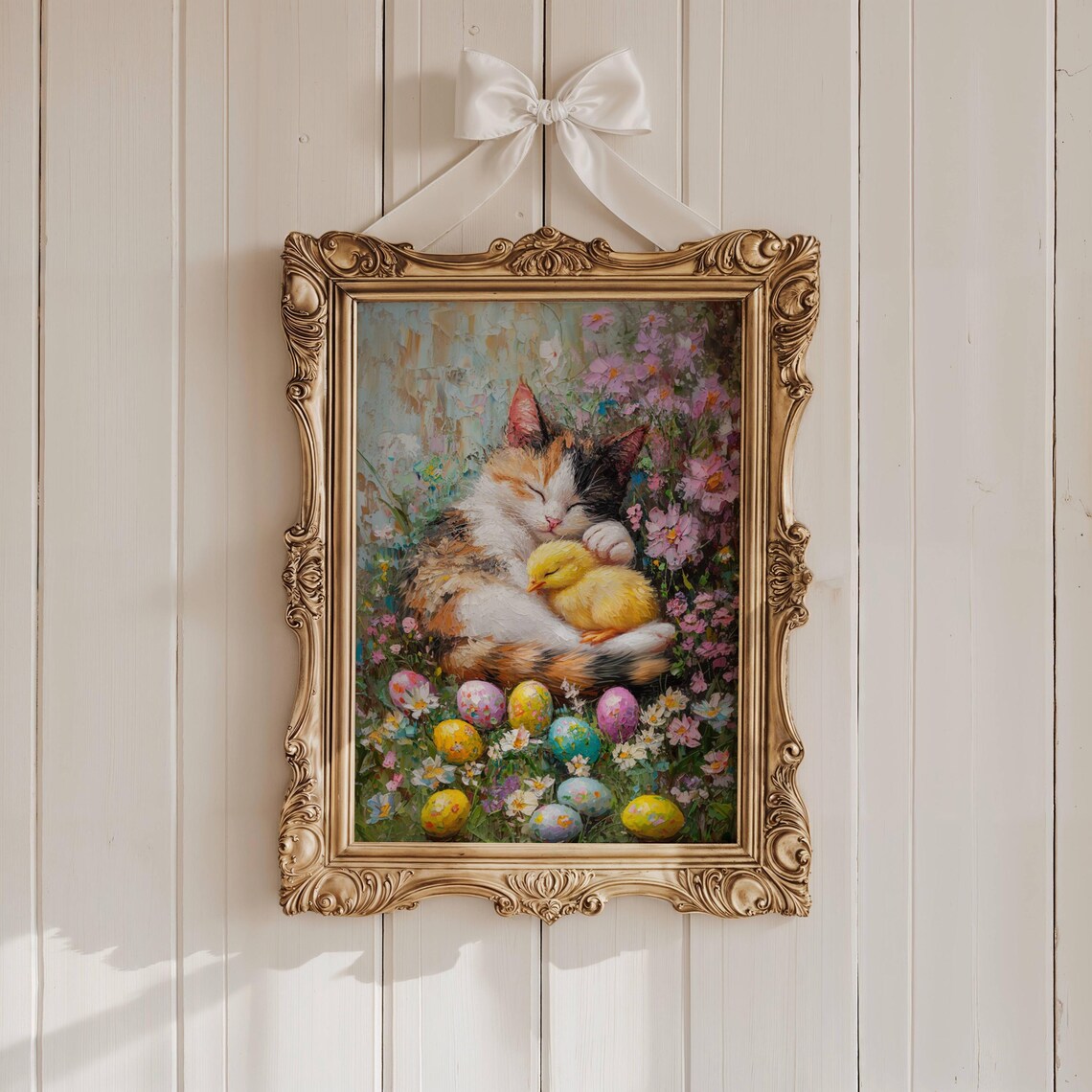 Sleepy Calico Cat Cuddling a Yellow Chick Among Painted Easter Eggs Poster