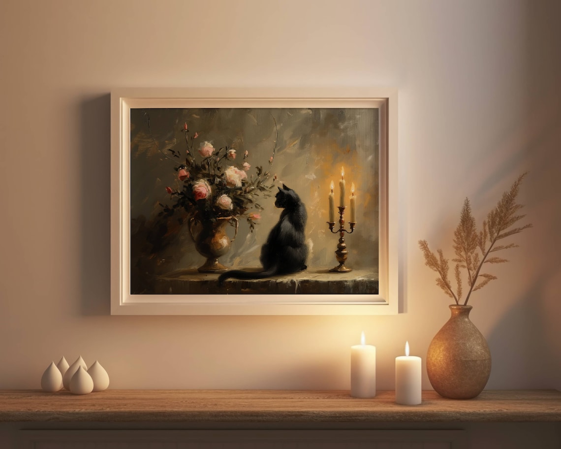 Moody Floral Black Cat, Botanical Art Print Decor - Image 6