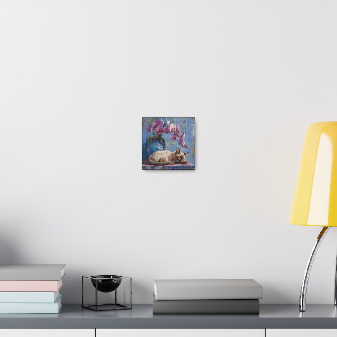 Siamese Cat Sleeping by a Blue Vase of Pink Orchid Blooms Poster - Image 2
