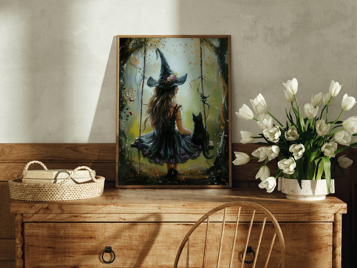 Witch On A Garden Swing With Black Cat Seen From Behind Poster - Image 6