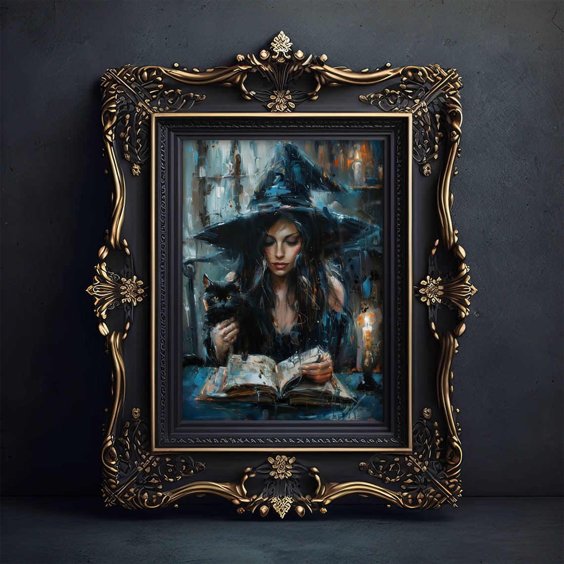 Witch Reading A Spellbook By Candlelight With Black Cat Poster - Image 6