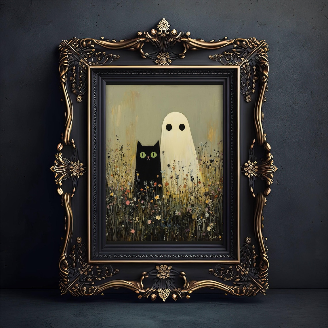 Black Cat and Ghost in Wildflowers, Whimsigoth Poster
