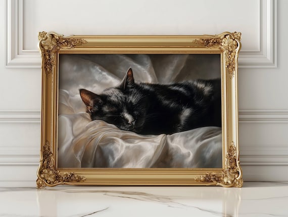Elegant Black Cat Sleeping On White Satin Sheets Painting Poster