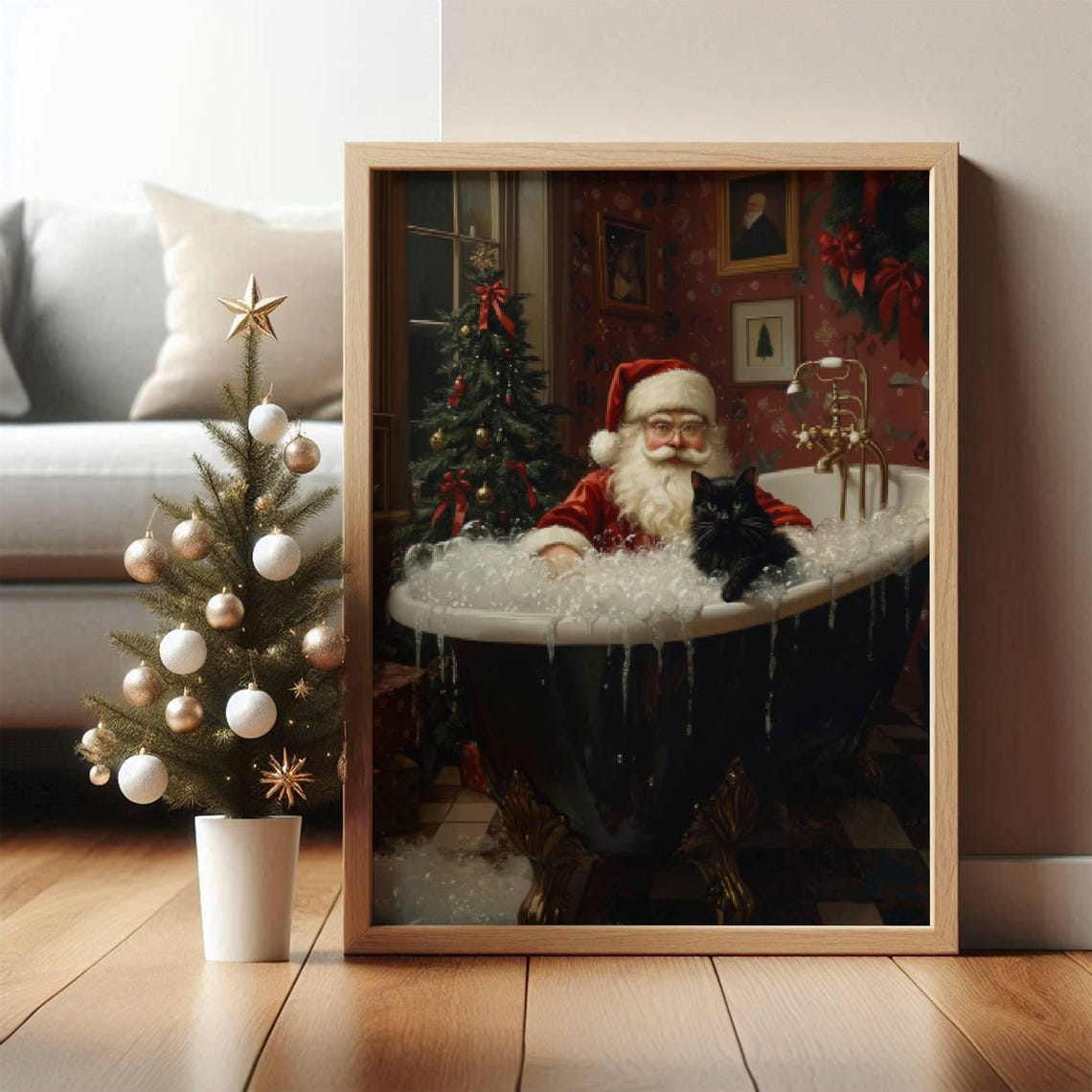 Santa Claus in a Bubble Bath With a Black Cat Christmas Poster - Image 6