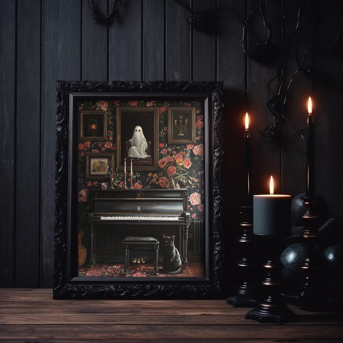Black Cat by Upright Piano in Gothic Floral Parlor Whimsigoth Poster - Image 3