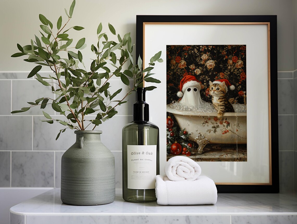 Ghost and Cat Christmas Bath Art Print, Whimsigoth - Image 3