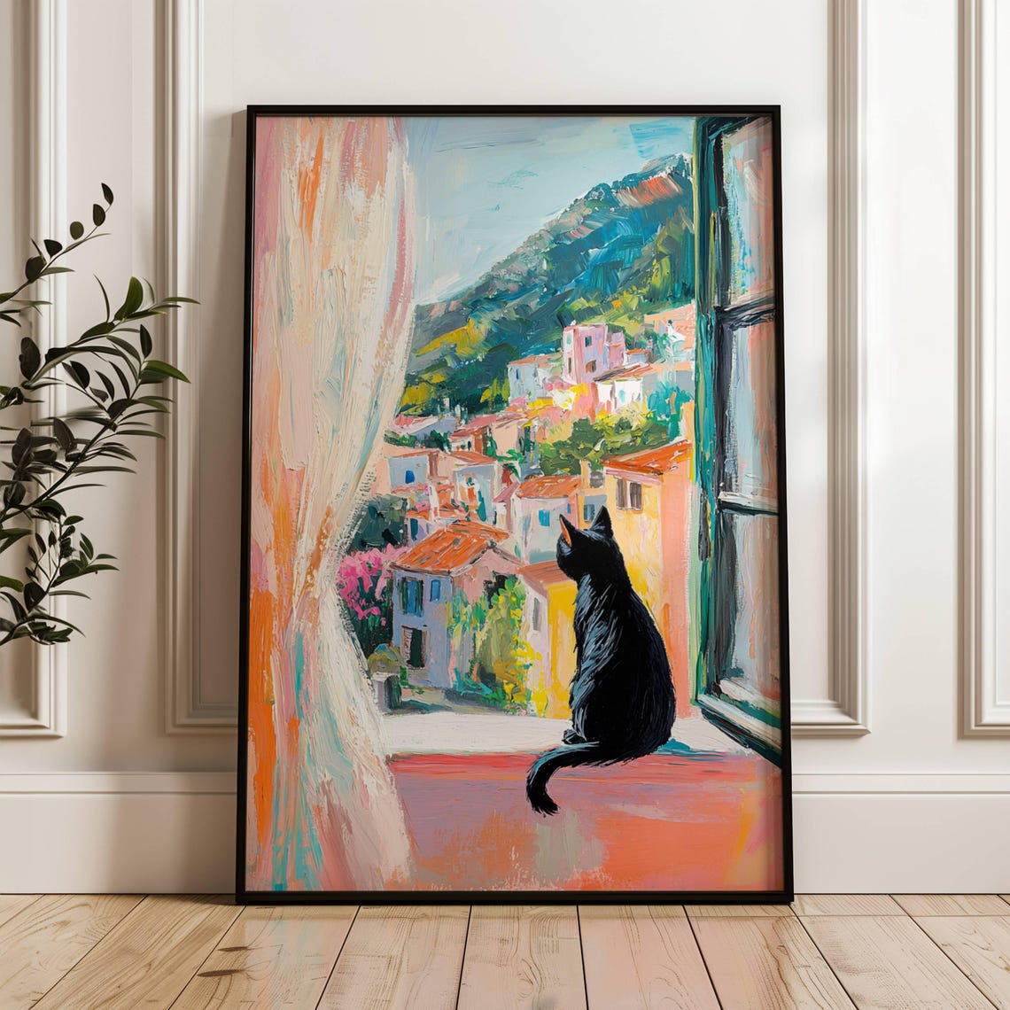 Black Cat on a Windowsill Above a Colorful Coastal Town View Poster