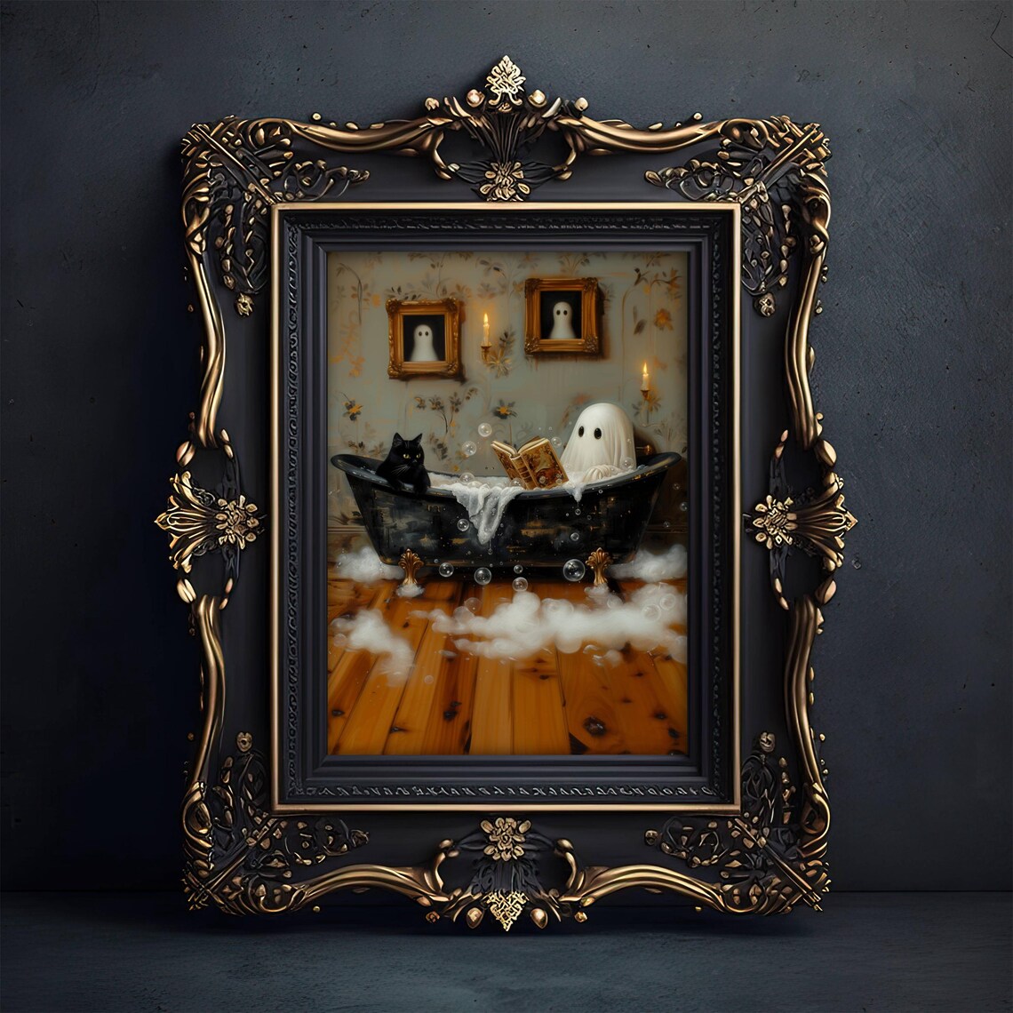 Ghost Reading Book in Bathtub Cat Wall Art Print - Image 7