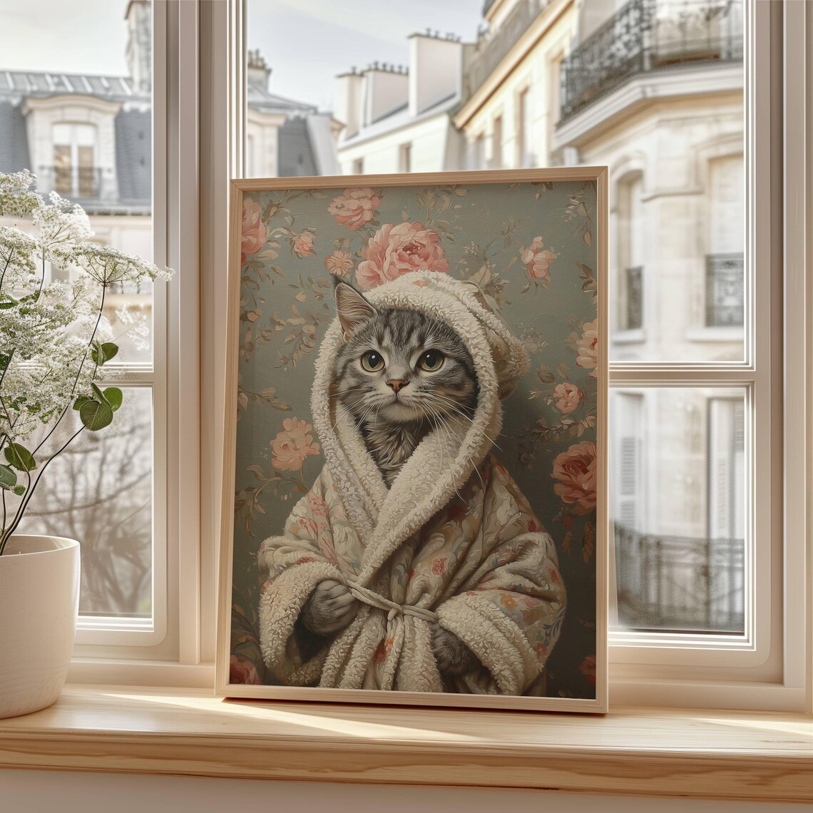 Gray Tabby Cat in Bathrobe, Cute Bathroom Poster Print - Image 7