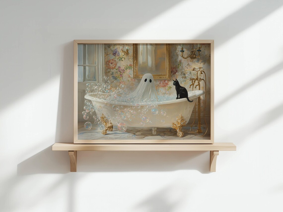 Ghost And Cat In Bathtub Spooky Cute Halloween Poster - Image 3