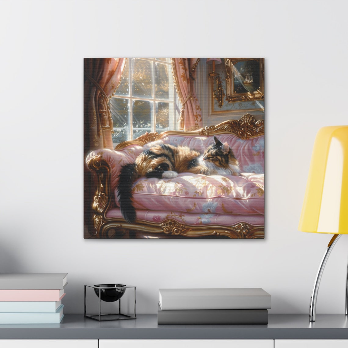 Long Haired Calico Cat Reclining on a Pink Victorian Sofa Poster - Image 3