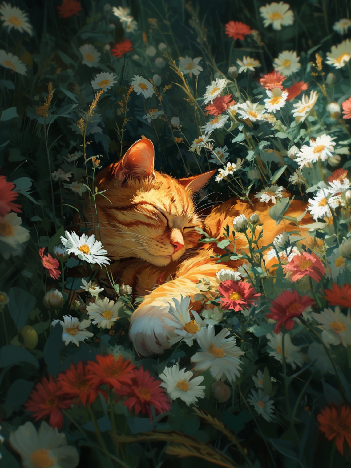 Orange Cat Sleeping in Meadow of Daisies and Red Wildflowers Poster - Image 2