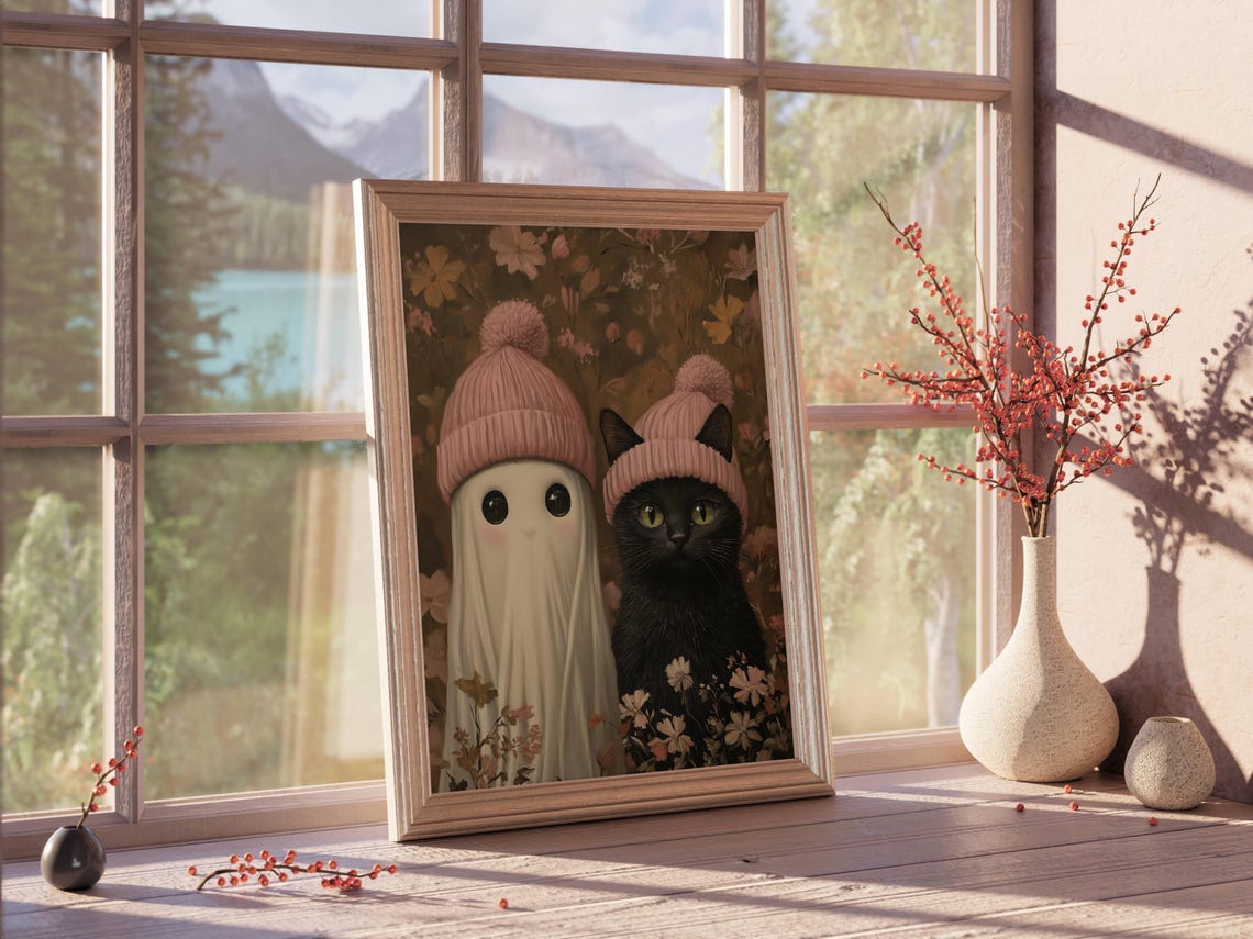 Ghost And Black Cat In Pink Winter Hats Cute Floral Art Poster - Image 5