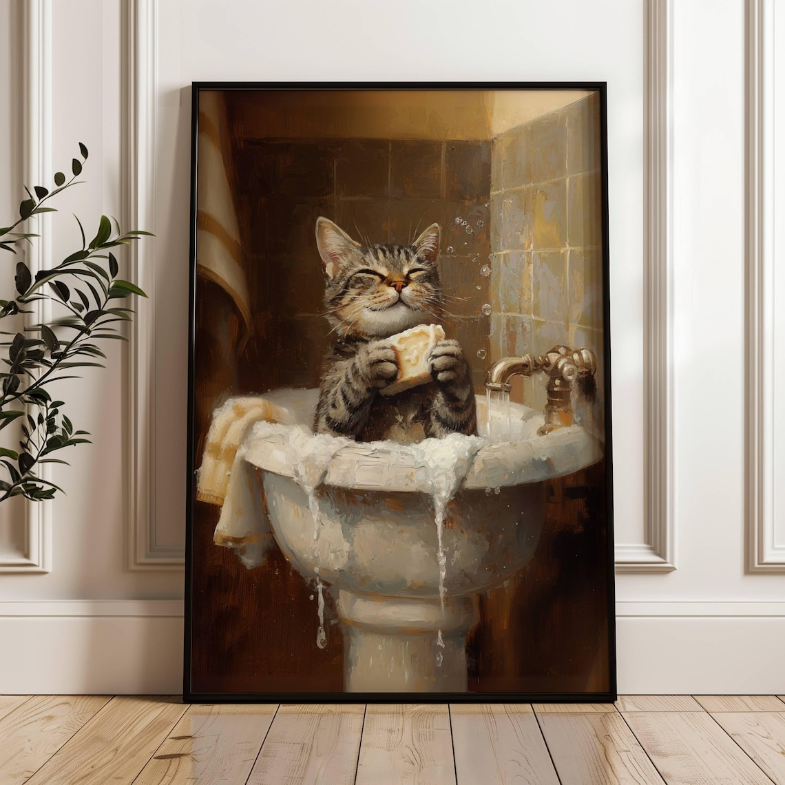 Funny Tabby Cat Bathing in Sink Soap Bubbles Whimsical Bathroom Poster Cat Art