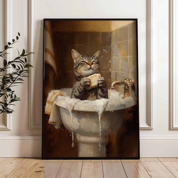 Funny Tabby Cat Bathing in Sink Soap Bubbles Whimsical Bathroom Poster Cat Art