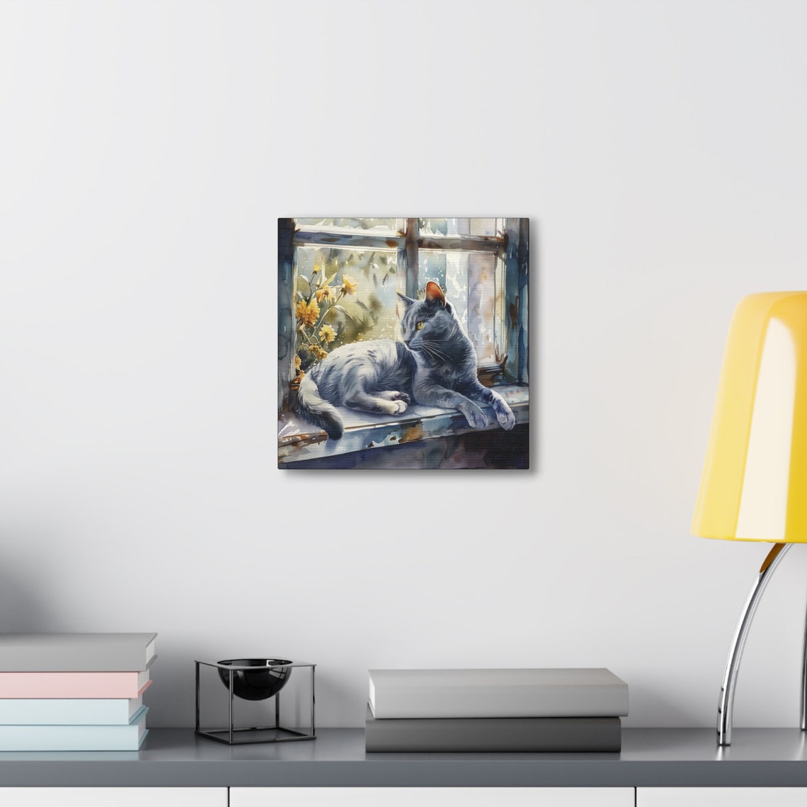 Russian Blue Gray Cat Lounging on Sunny Windowsill Watercolor Poster - Image 2