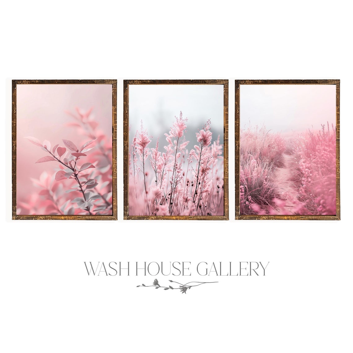 Pink Wildflower Meadow Triptych Set of Three Gallery Wall Poster