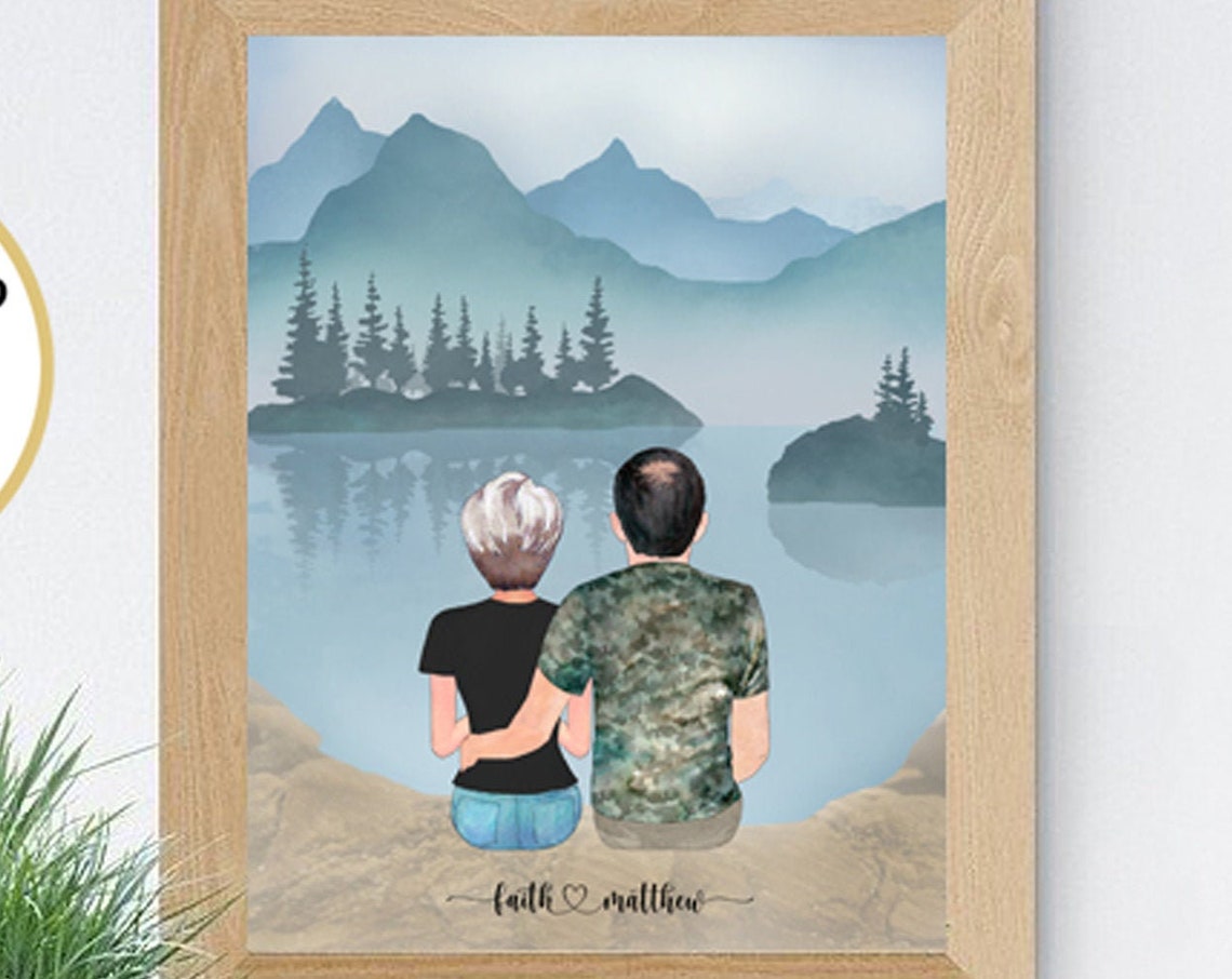 Personalized Couple Misty Mountain Lake Portrait Gift Poster