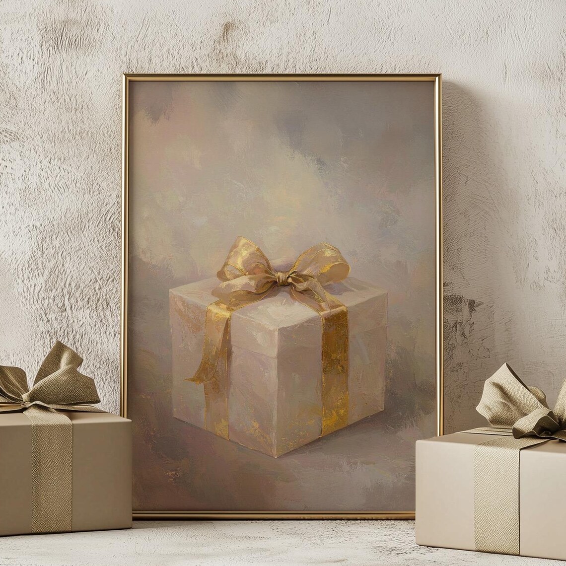 Elegant Christmas Gift Box Gold Ribbon Neutral Holiday Painting Poster