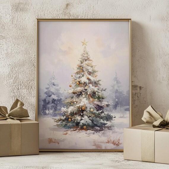 Snowy Winter Christmas Tree Gold Star Farmhouse Holiday Art Poster
