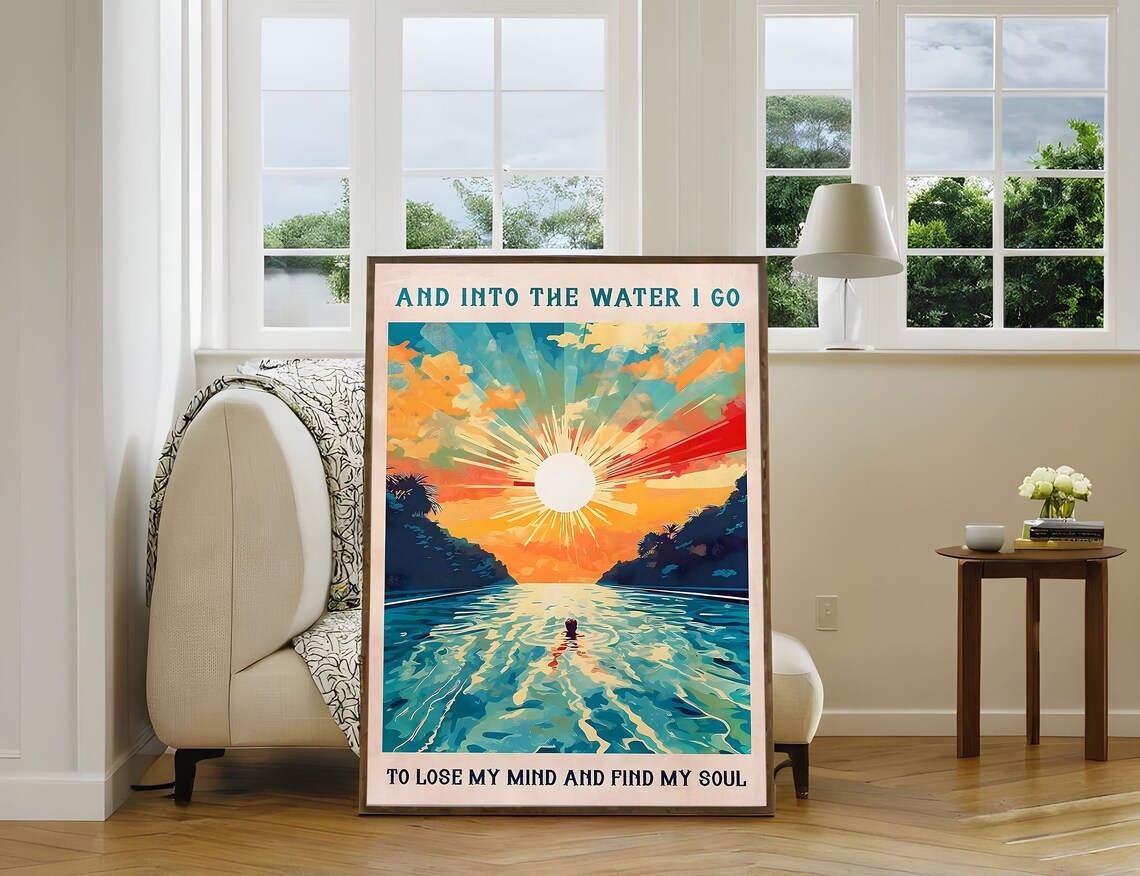 And Into the Water I Go Sunrise Swim Soul Quote Retro Art Poster - Image 4