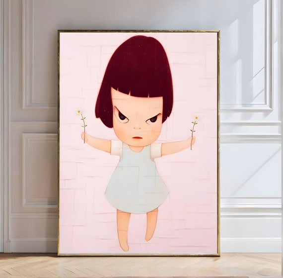 Yoshitomo Nara Flowers In Both Hands Yoshitomo Nara Defiant Girl Flowers Minimalist Pastel Art Innocence Rebellion Fierce Cute