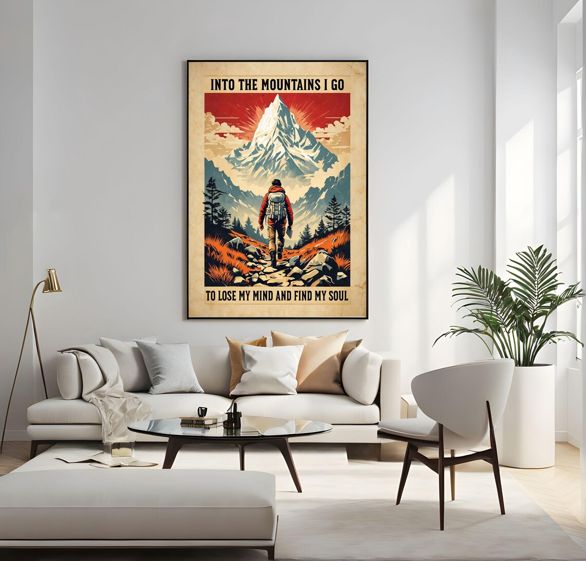 Into The Mountains I Go Vintage Hiker Snowy Peak Adventure Poster - Image 2