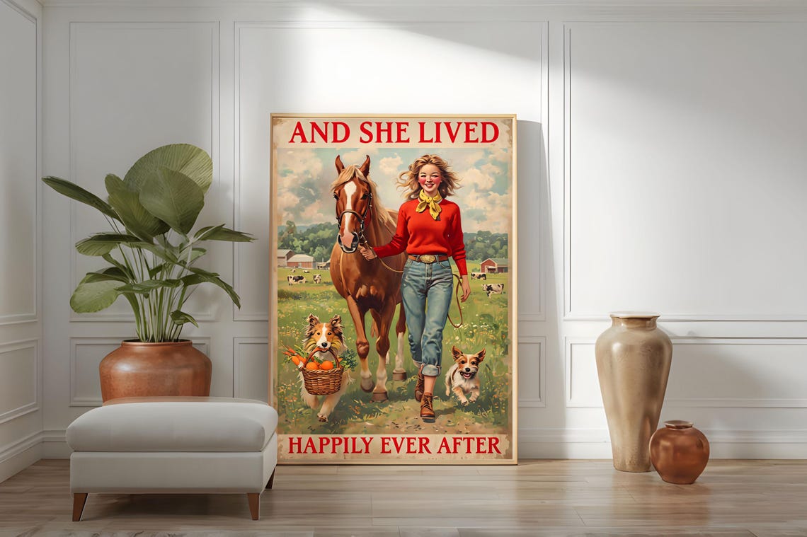 And She Lived Happily Ever After Retro Farm Life Poster Retro Poster Farm Life Country Girl Horse Lover Vintage Art Dog Lover - Image 3