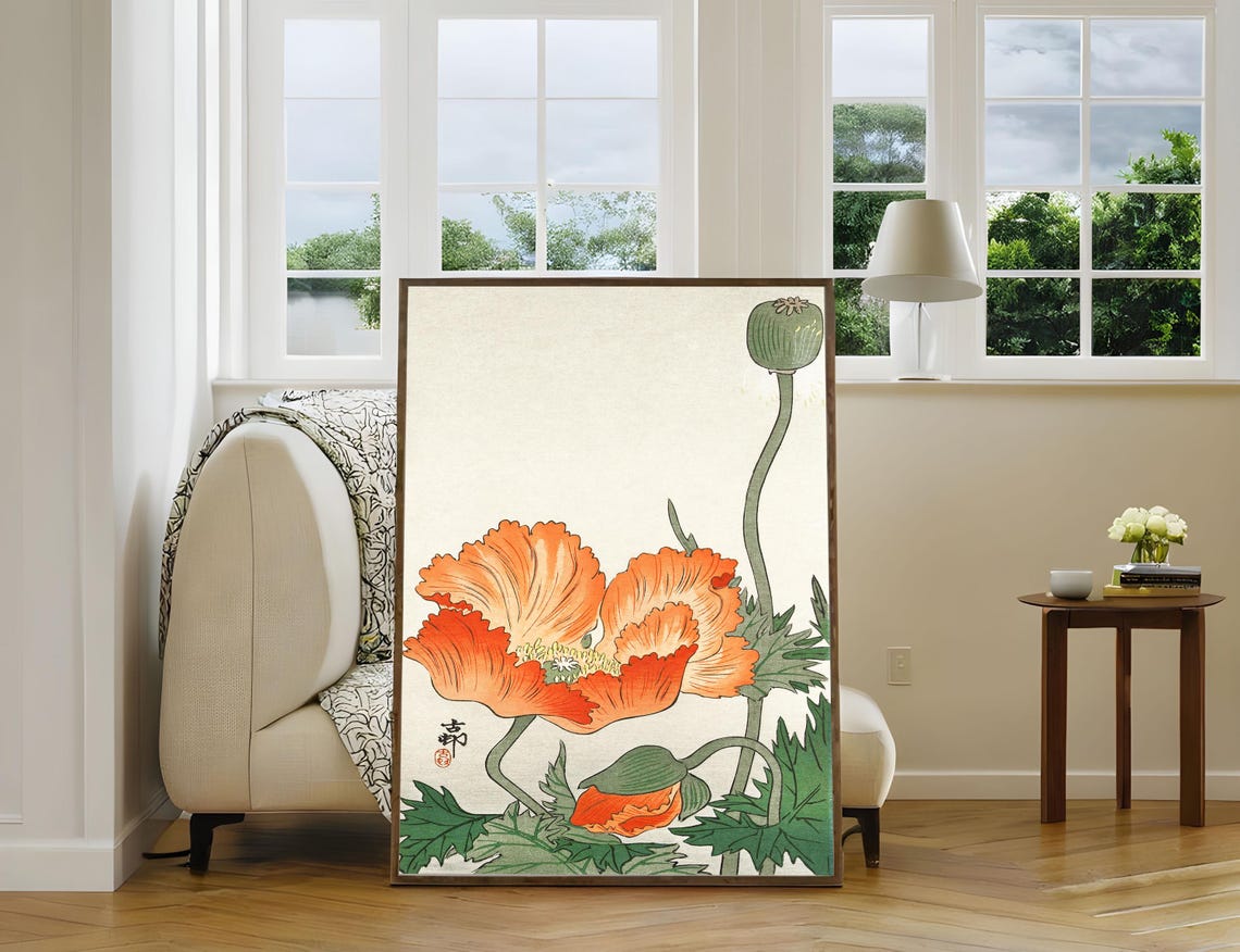 Ohara Koson Orange Poppies Japanese Botanical Woodblock Art Poster - Image 2