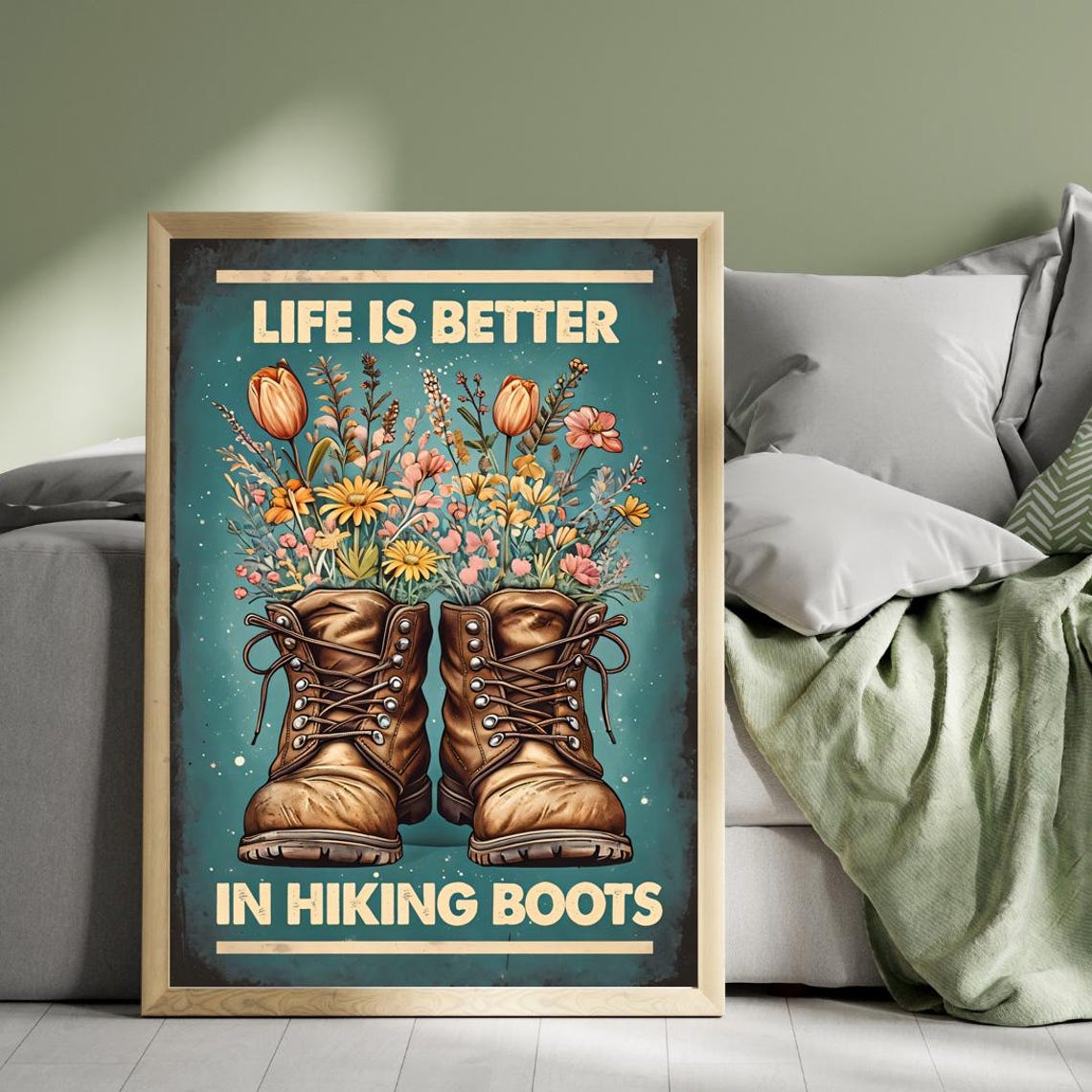 Life Is Better In Hiking Boots Wildflower Boots Vintage Poster - Image 3