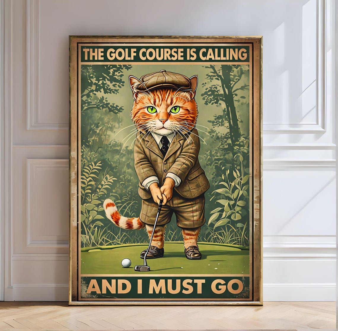 Golf Course Is Calling Cat Vintage Funny Golf Lover Art Poster