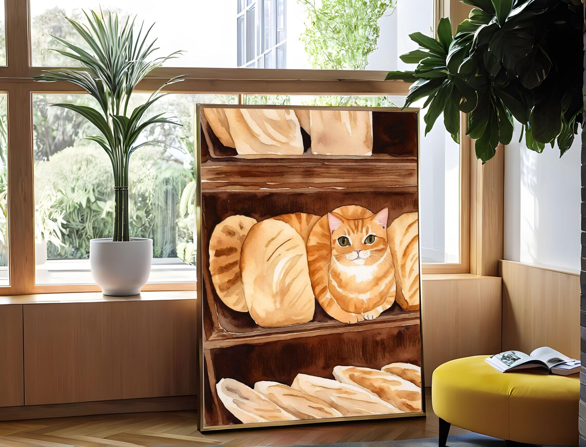Ginger Cat Loaf Nestled Among Bread Loaves Watercolor Art Poster - Image 2