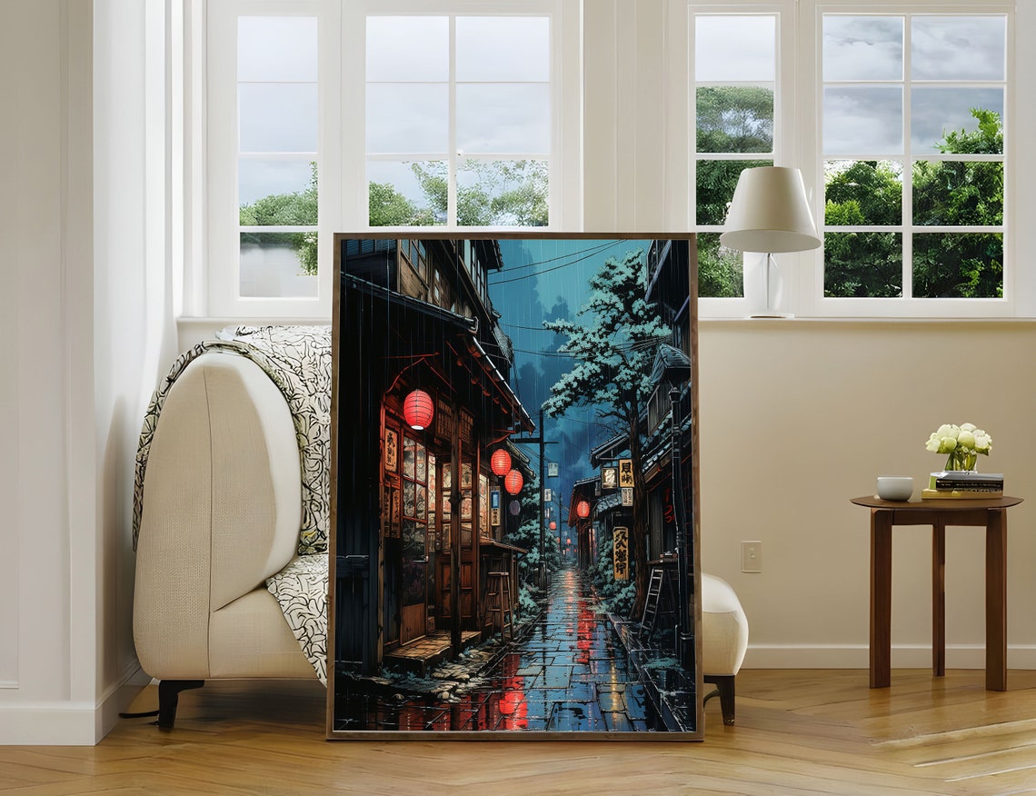Rainy Night In Kyoto Lantern Lit Street Scene Kyoto Rainy Night Lantern Street Scene Japan Traditional Wooden Buildings Alley - Image 3