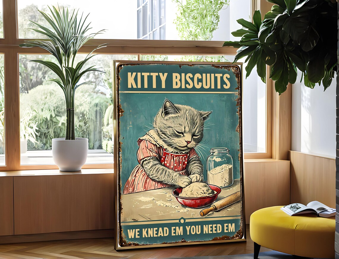 Kitty Biscuits Vintage Tin Sign We Knead Em You Need Em Cat Poster - Image 3