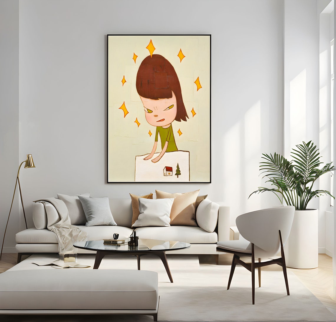 Yoshitomo Nara Angry Girl Ten Stars Sparkles Green Dress Wall Art - Image 4