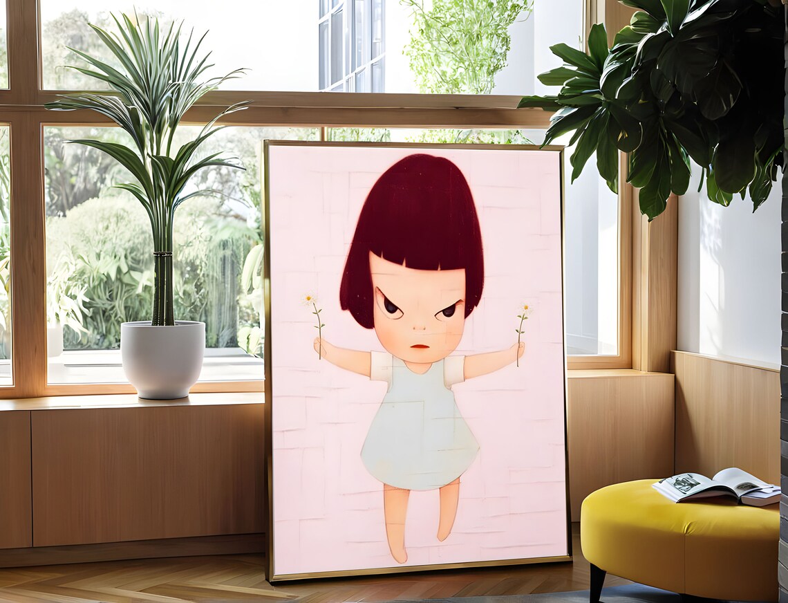 Yoshitomo Nara Girl Holding Flowers Defiant Pastel Japanese Art Poster - Image 2