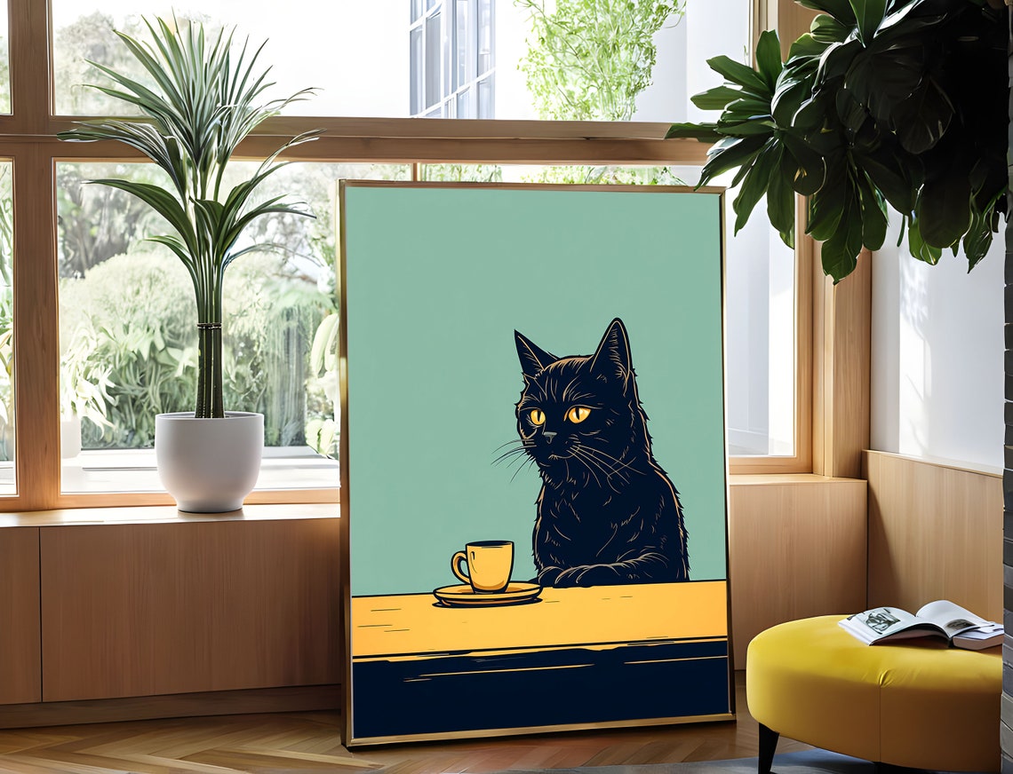 Whimsical Black Cat With Coffee Cup Mint Green Illustration Poster - Image 4