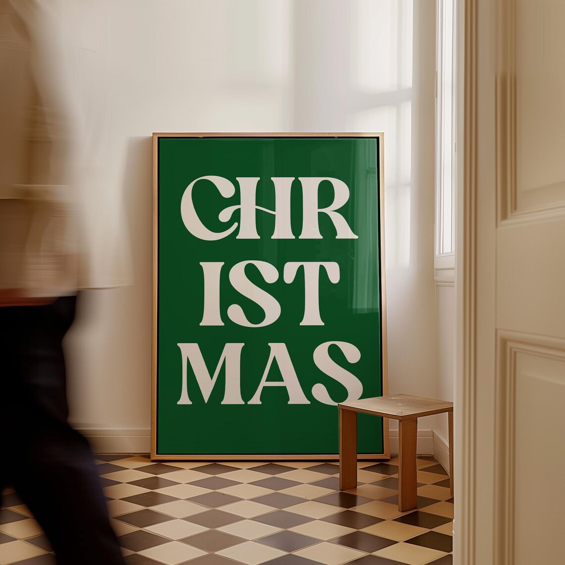 Christmas Cream Typography on Green Minimal Holiday Word Poster - Image 3