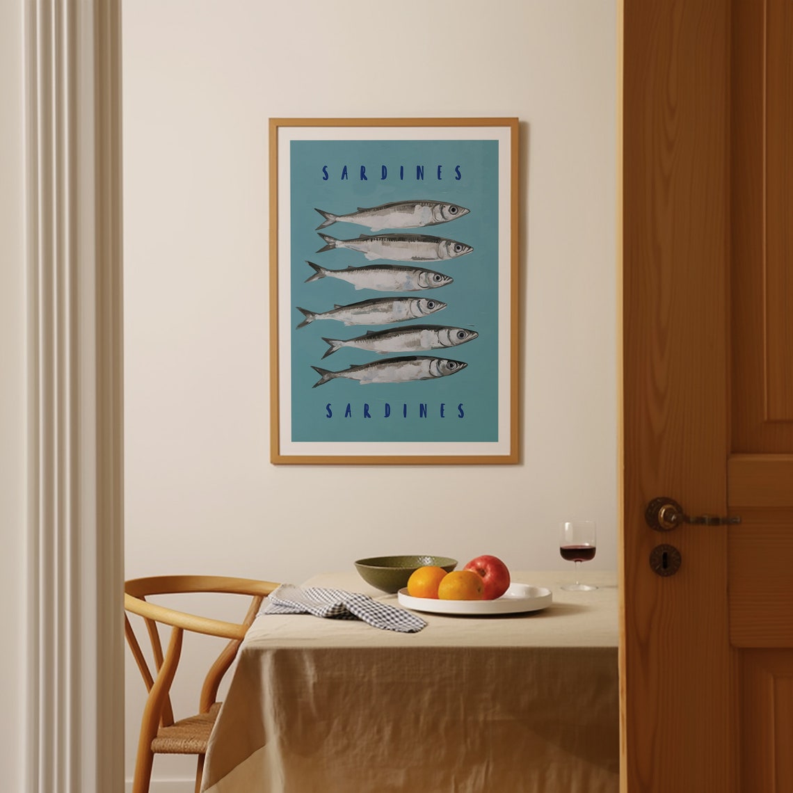 Sardines Typography Row of Six Fish on Teal Coastal Kitchen Poster - Image 4