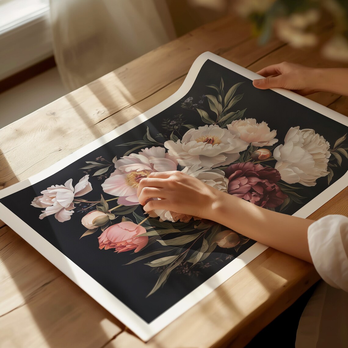 White Blush and Burgundy Peonies Moody Dark Floral Bouquet Poster - Image 3