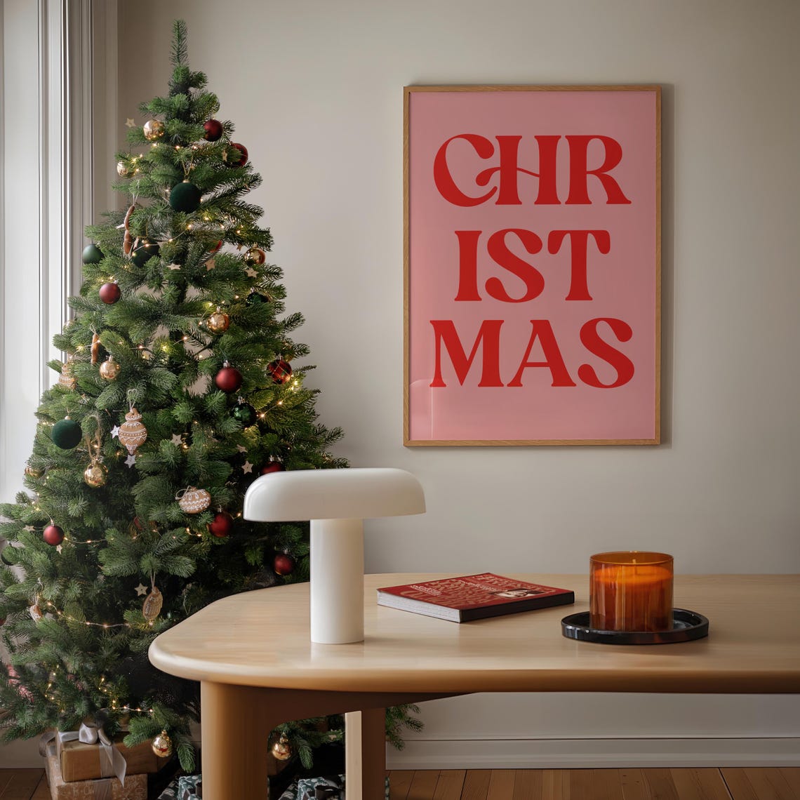 Red Christmas Typography Poster Bold Retro Serif On Pink Background - Image 3