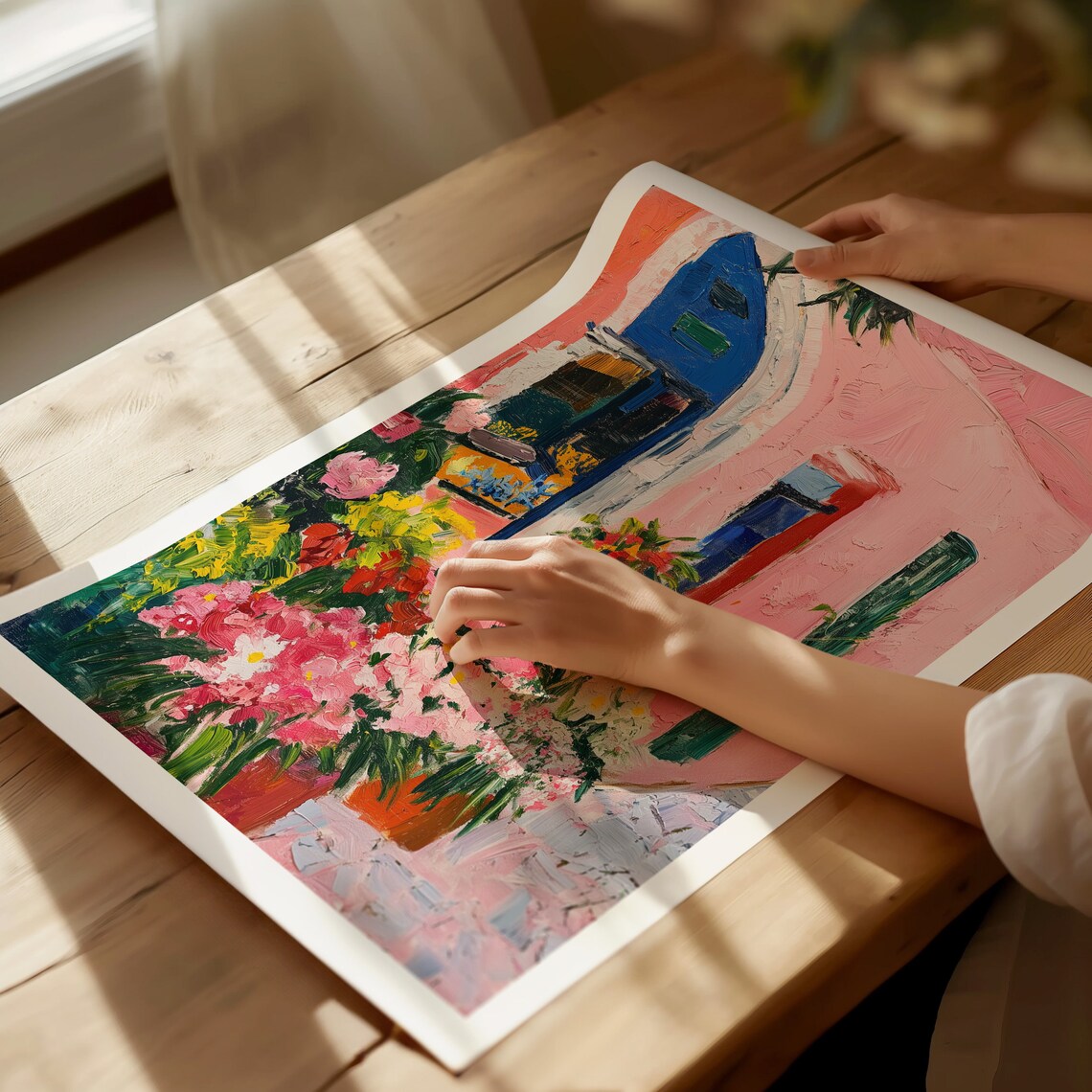 Colorful Flower Market Oil Painting With Pink Blue Door Facade Poster - Image 3