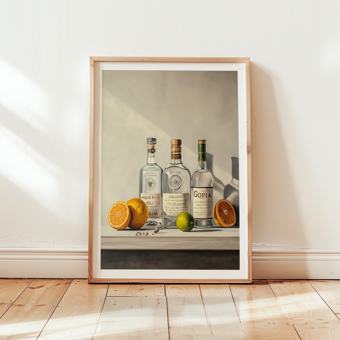 Vintage Gin Bottles with Orange and Lime Bar Still Life Poster