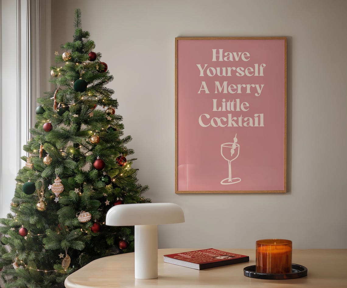 Have Yourself A Merry Little Cocktail Pink Typography Wine Bar Poster