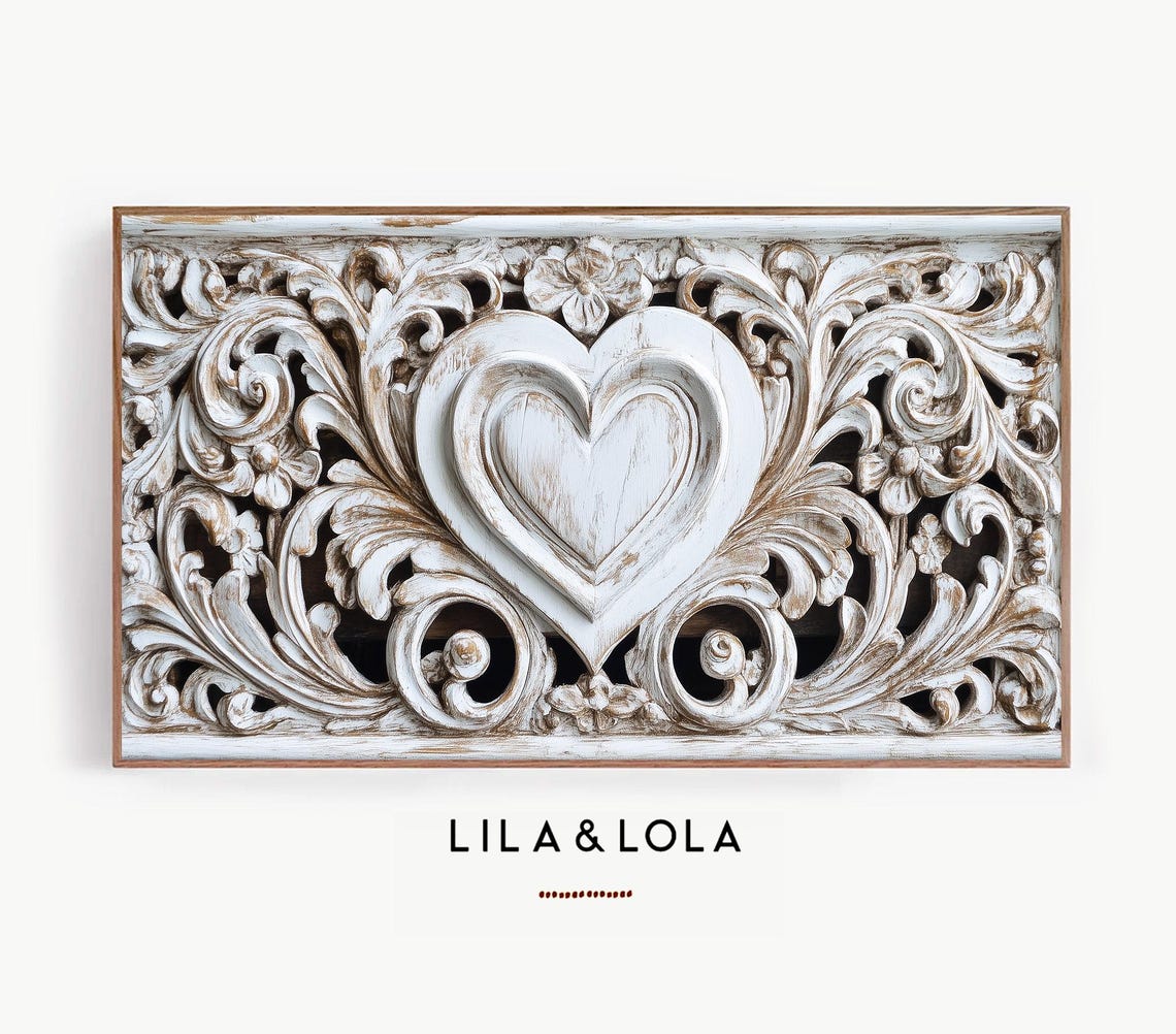 Shabby Chic Whitewashed Carved Wooden Heart Scroll Wall Art Decor