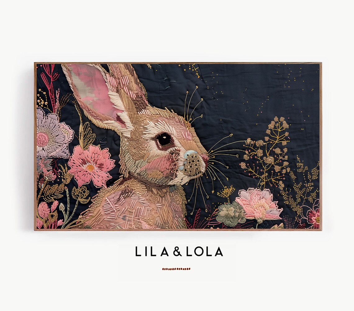 Easter Bunny Embroidery Art Print, Navy Pink Gold