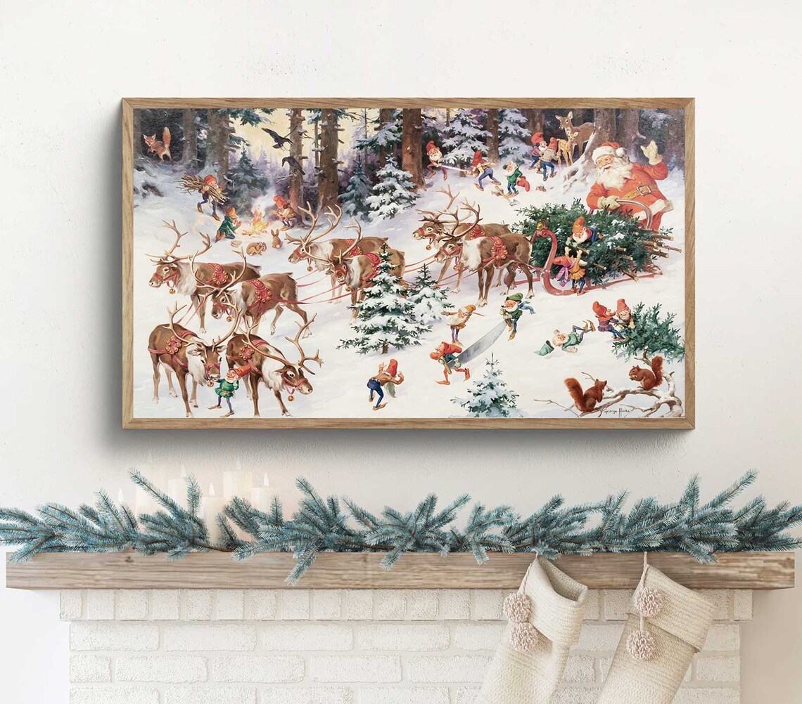 Vintage Santa Sleigh Reindeer Team Snowy Forest Classic Christmas Art Poster
