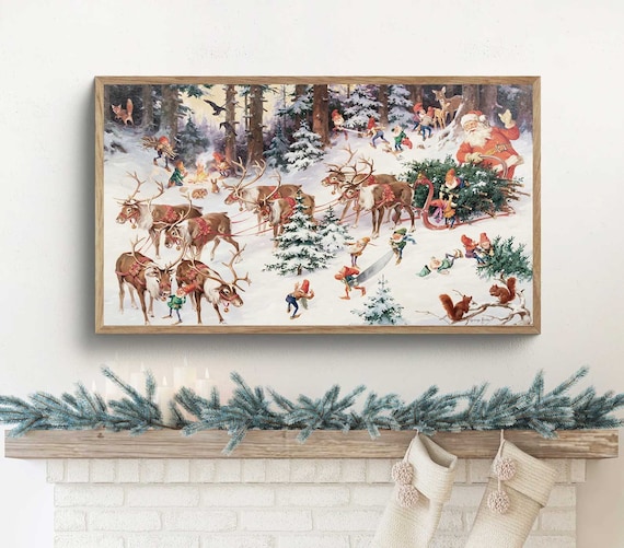 Vintage Santa Sleigh Reindeer Team Snowy Forest Classic Christmas Art Poster